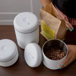 Fellow Atmos Vacuum Canister For Coffee Beans, Matte White Steel -Coffee Sale Shop fellow atmos vacuum canister steel white 6582